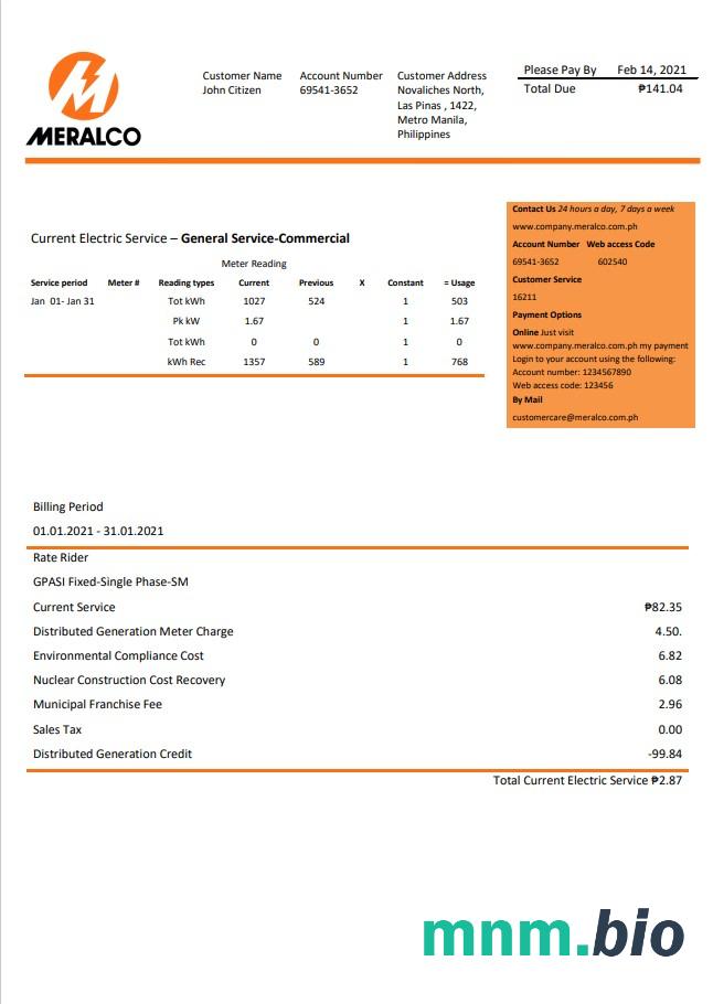 Filipiny Manila Electric Firma (Meralco) rachunek za energię elektryczną słowo i szablon PDF